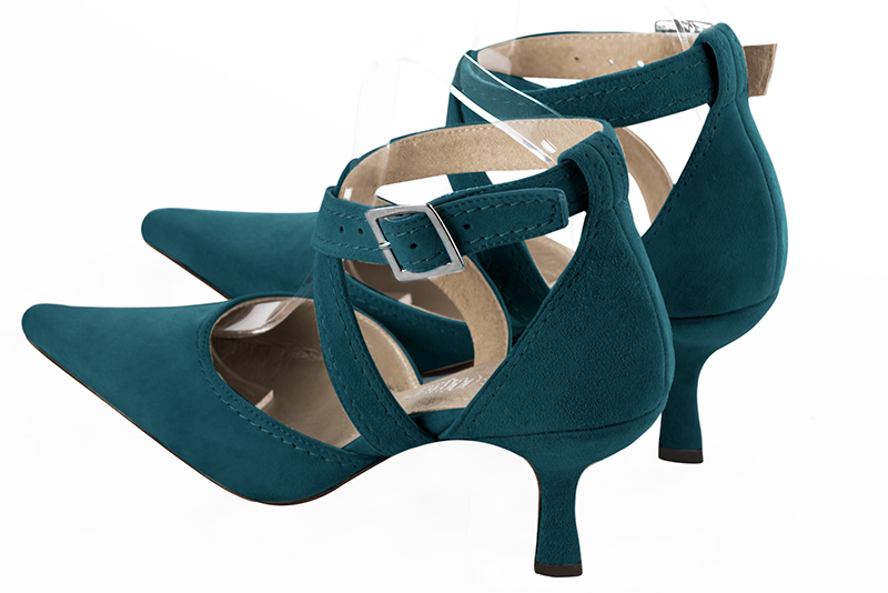 Peacock blue women's open side shoes, with crossed straps. Pointed toe. High spool heels. Rear view - Florence KOOIJMAN